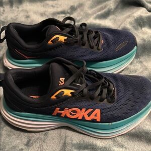 Hoka Bondi 8 Blue and Turquoise Athletic Shoes with Orange Accents -Size 6.5B
